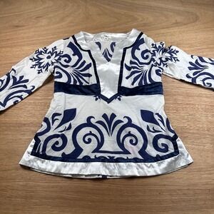 Cato Blue White Damask Print Tunic Top Tie Back 100% Cotton Women's M